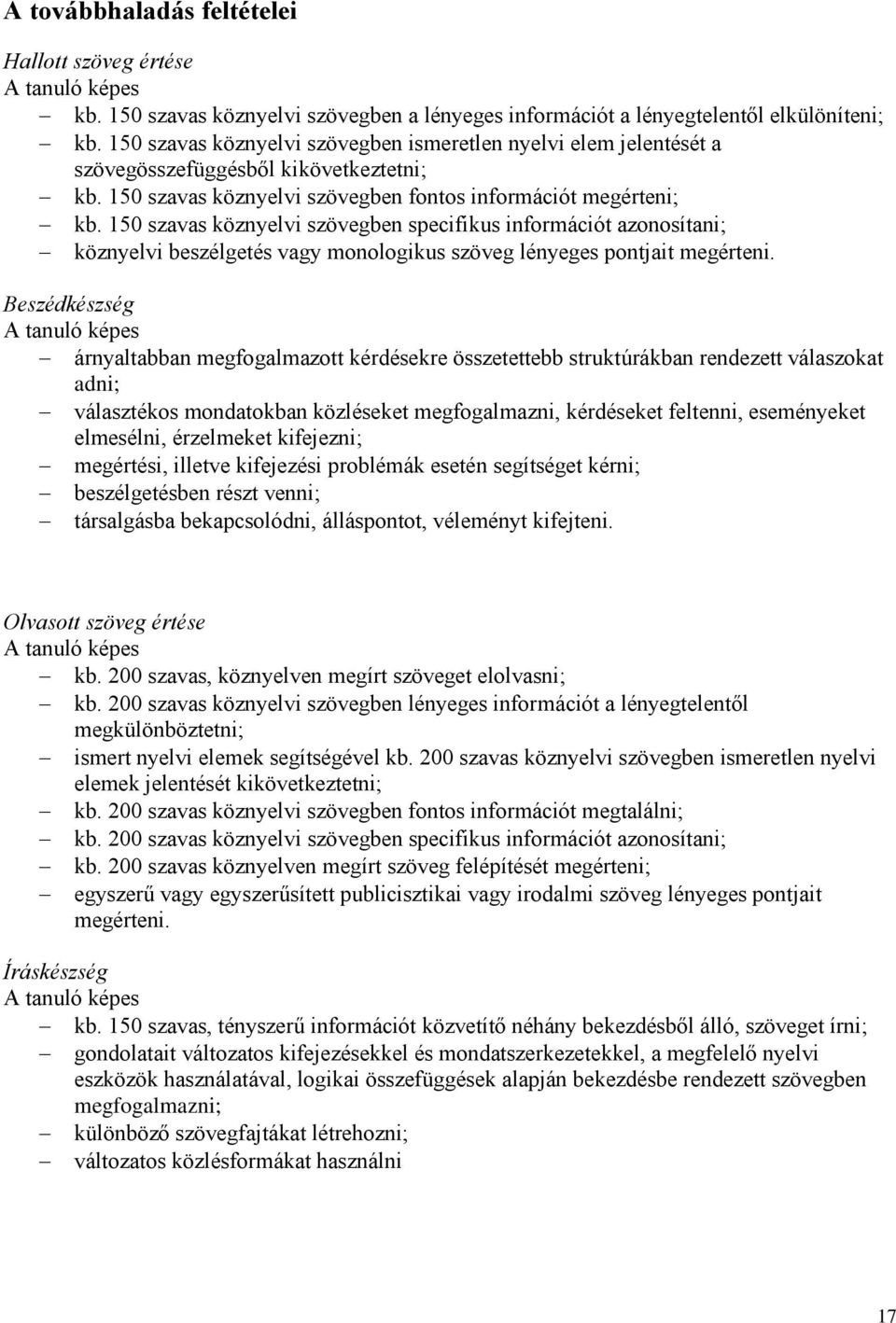 150 szavas köznyelvi szövegben specifikus információt azonosítani; köznyelvi beszélgetés vagy monologikus szöveg lényeges pontjait megérteni.