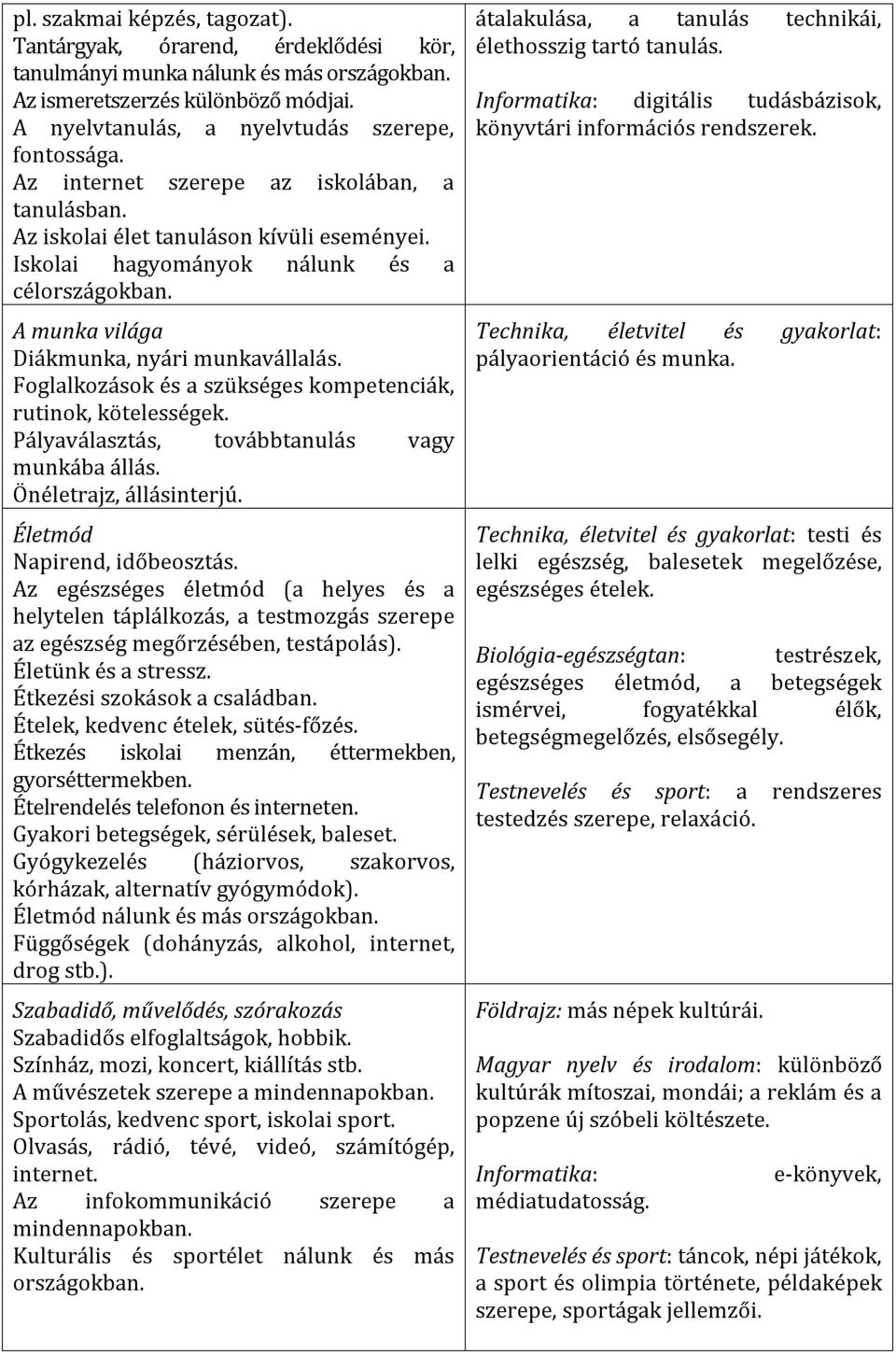 Foglalkozások és a szükséges kompetenciák, rutinok, kötelességek. Pályaválasztás, továbbtanulás vagy munkába állás. Önéletrajz, állásinterjú. Életmód Napirend, időbeosztás.