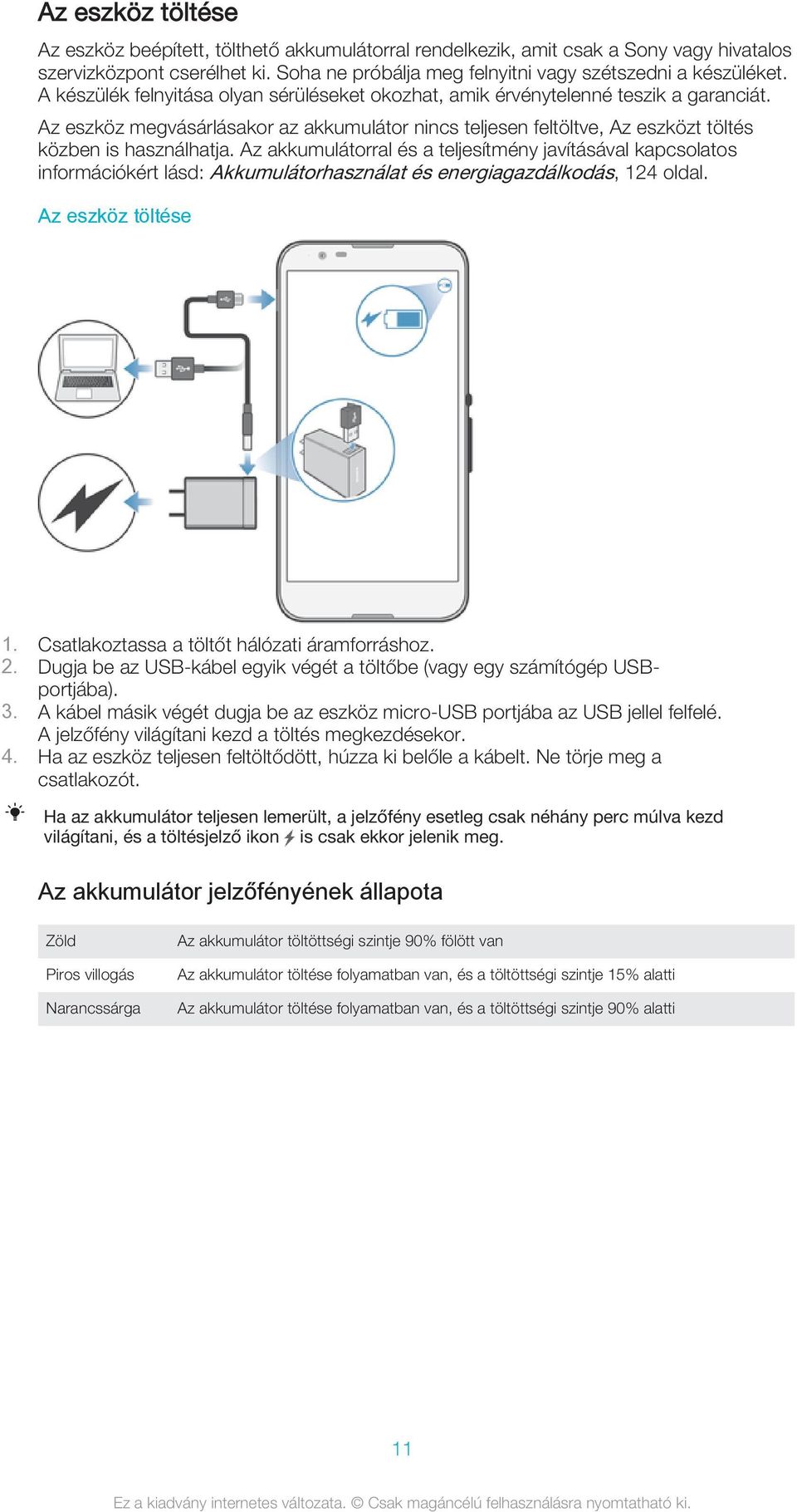 Az akkumulátorral és a teljesítmény javításával kapcsolatos információkért lásd: Akkumulátorhasználat és energiagazdálkodás, 124 oldal. Az eszköz töltése 1.