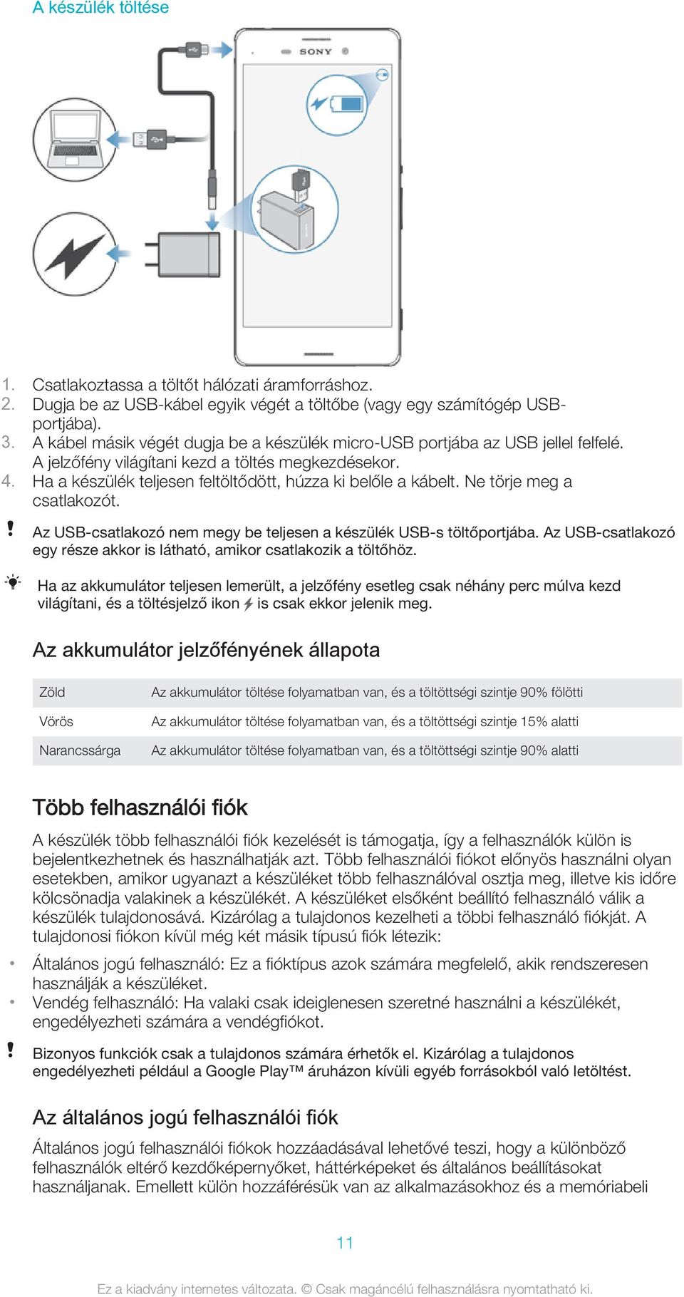 Ne törje meg a csatlakozót. Az USB-csatlakozó nem megy be teljesen a készülék USB-s töltőportjába. Az USB-csatlakozó egy része akkor is látható, amikor csatlakozik a töltőhöz.