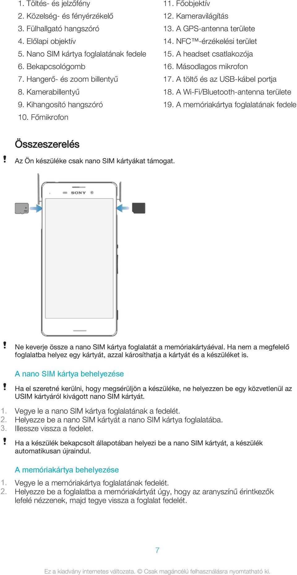 A töltő és az USB-kábel portja 18. A Wi-Fi/Bluetooth-antenna területe 19. A memóriakártya foglalatának fedele Összeszerelés Az Ön készüléke csak nano SIM kártyákat támogat.