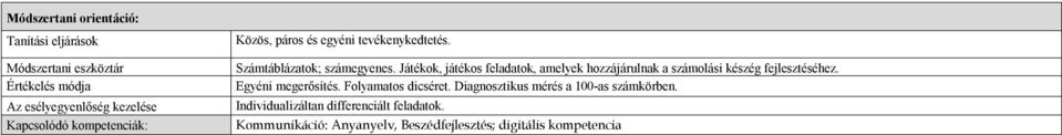 Játékok, játékos feladatok, amelyek hozzájárulnak a számolási készég fejlesztéséhez. Egyéni megerősítés.