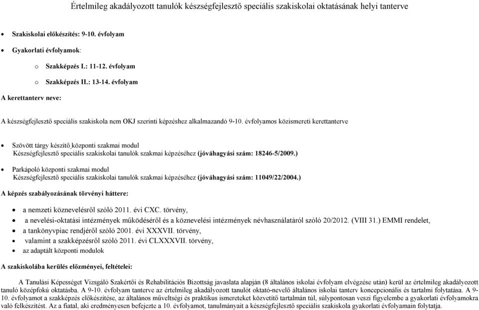 évfolyamos közismereti kerettanterve Szövött tárgy készítő központi szakmai modul Készségfejlesztő speciális szakiskolai tanulók szakmai képzéséhez (jóváhagyási szám: 18246-5/2009.