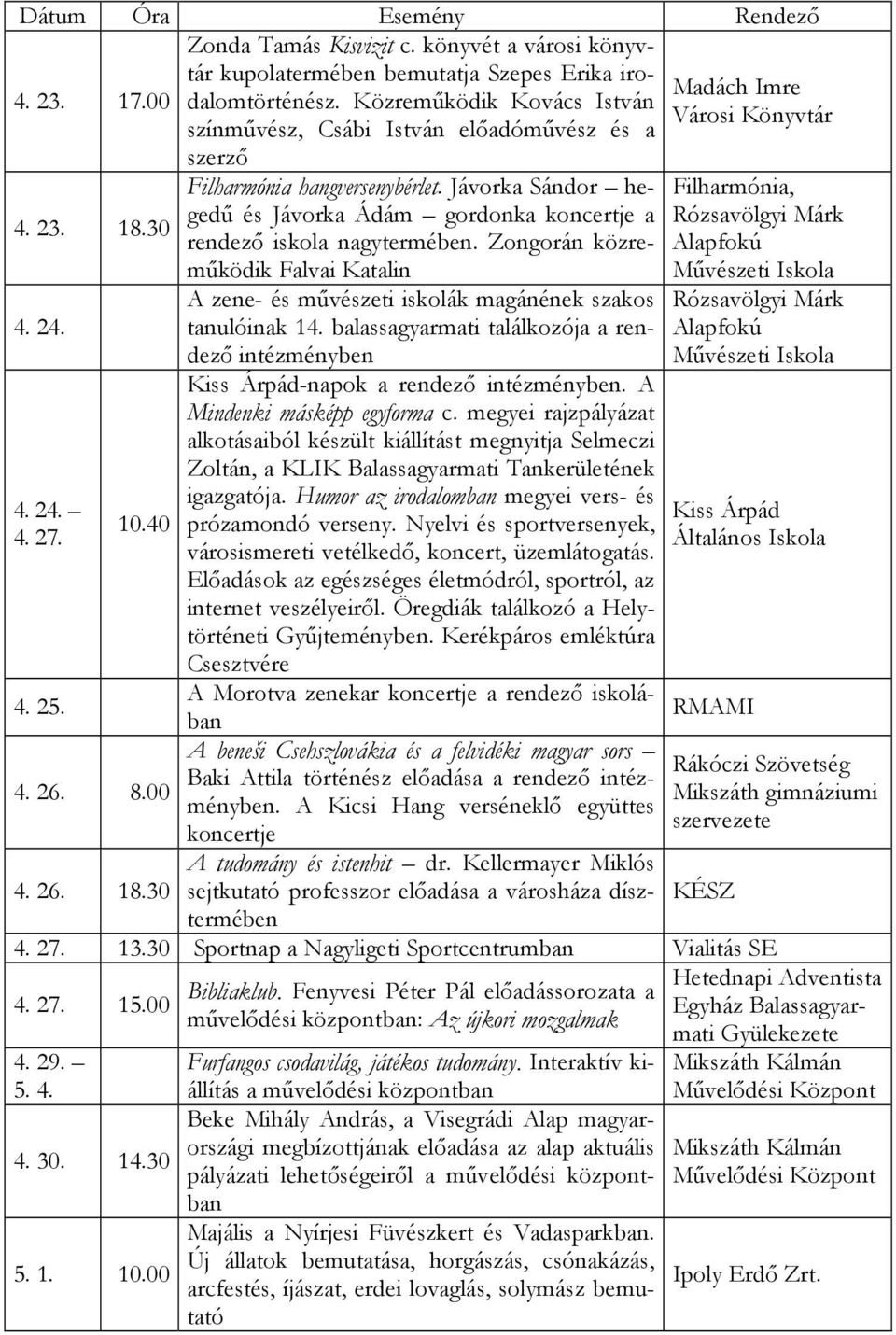 Jávorka Sándor hegedű és Jávorka Ádám gordonka koncertje a rendező iskola nagytermében. Zongorán közreműködik Falvai Katalin A zene- és művészeti iskolák magánének szakos tanulóinak 14.