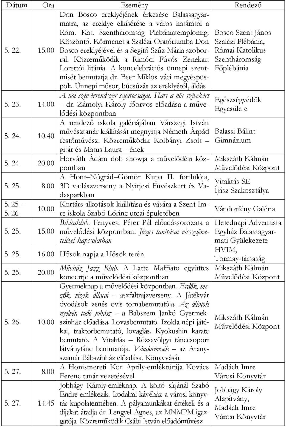 Szentháromság Lorettói litánia. A koncelebrációs ünnepi szentmisét Főplébánia bemutatja dr. Beer Miklós váci megyéspüs- pök. Ünnepi műsor, búcsúzás az ereklyétől, áldás 5. 23. 14.00 5. 24. 10.40 5.