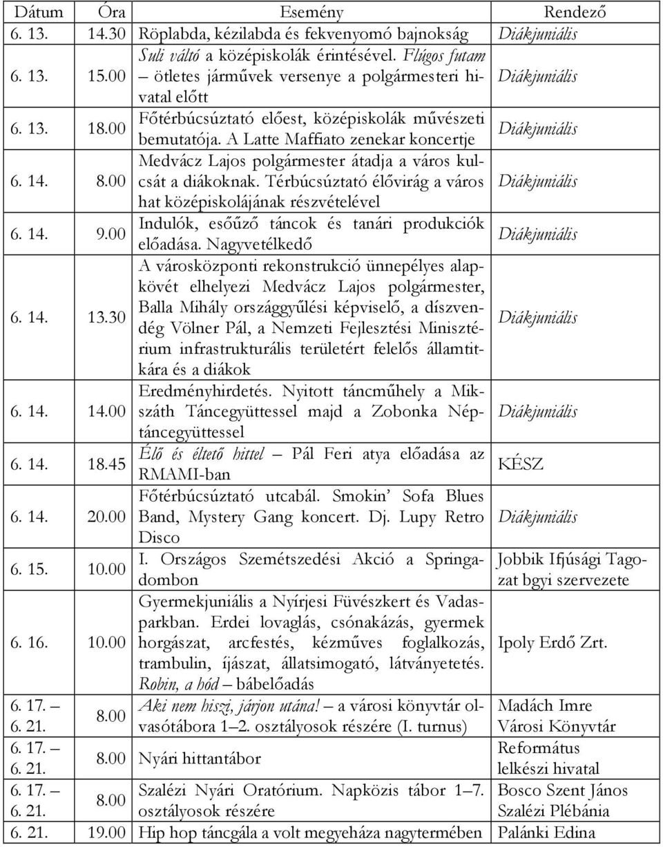 A Latte Maffiato zenekar koncertje Medvácz Lajos polgármester átadja a város kulcsát 6. 14. a diákoknak. Térbúcsúztató élővirág a város Diákjuniális 8.00 hat középiskolájának részvételével 6. 14. Indulók, esőűző táncok és tanári produkciók 9.