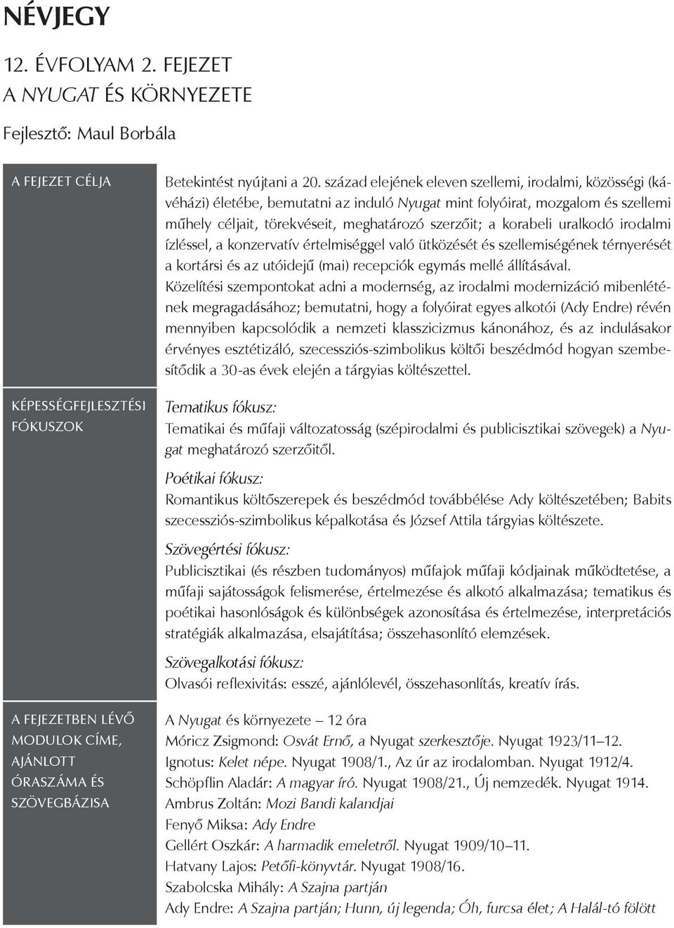 század elejének eleven szellemi, irodalmi, közösségi (kávéházi) életébe, bemutatni az induló Nyugat mint folyóirat, mozgalom és szellemi műhely céljait, törekvéseit, meghatározó szerzőit; a korabeli