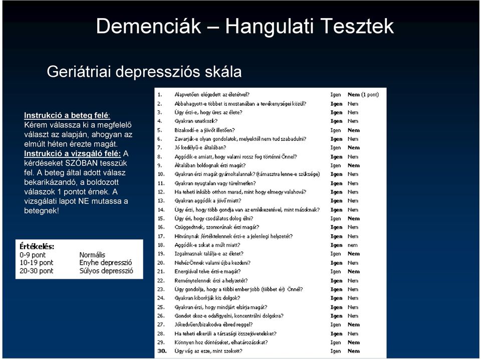 Instrukció a vizsgáló felé: A kérdéseket SZÓBAN tesszük fel.