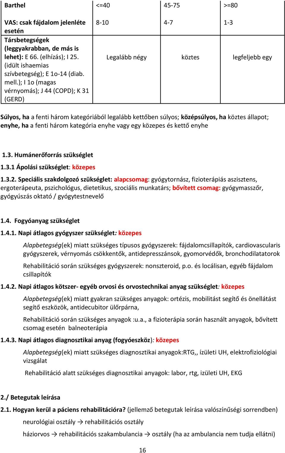 enyhe, ha a fenti három kategória enyhe vagy egy közepes és kettő enyhe 1.3. Humánerőforrás szükséglet 1.3.1 Ápolási szükséglet: közepes 1.3.2.