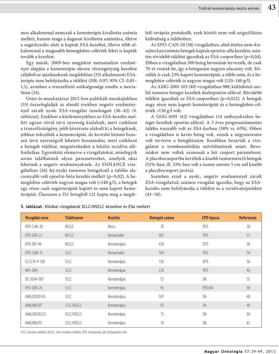 Egy másik, 2009-ben megjelent metaanalízis eredményei alapján a kemoterápia okozta vérszegénység kezelése céljából az ajánlásoknak megfelelően (33) alkalmazott ESAterápia nem befolyásolta a túlélést