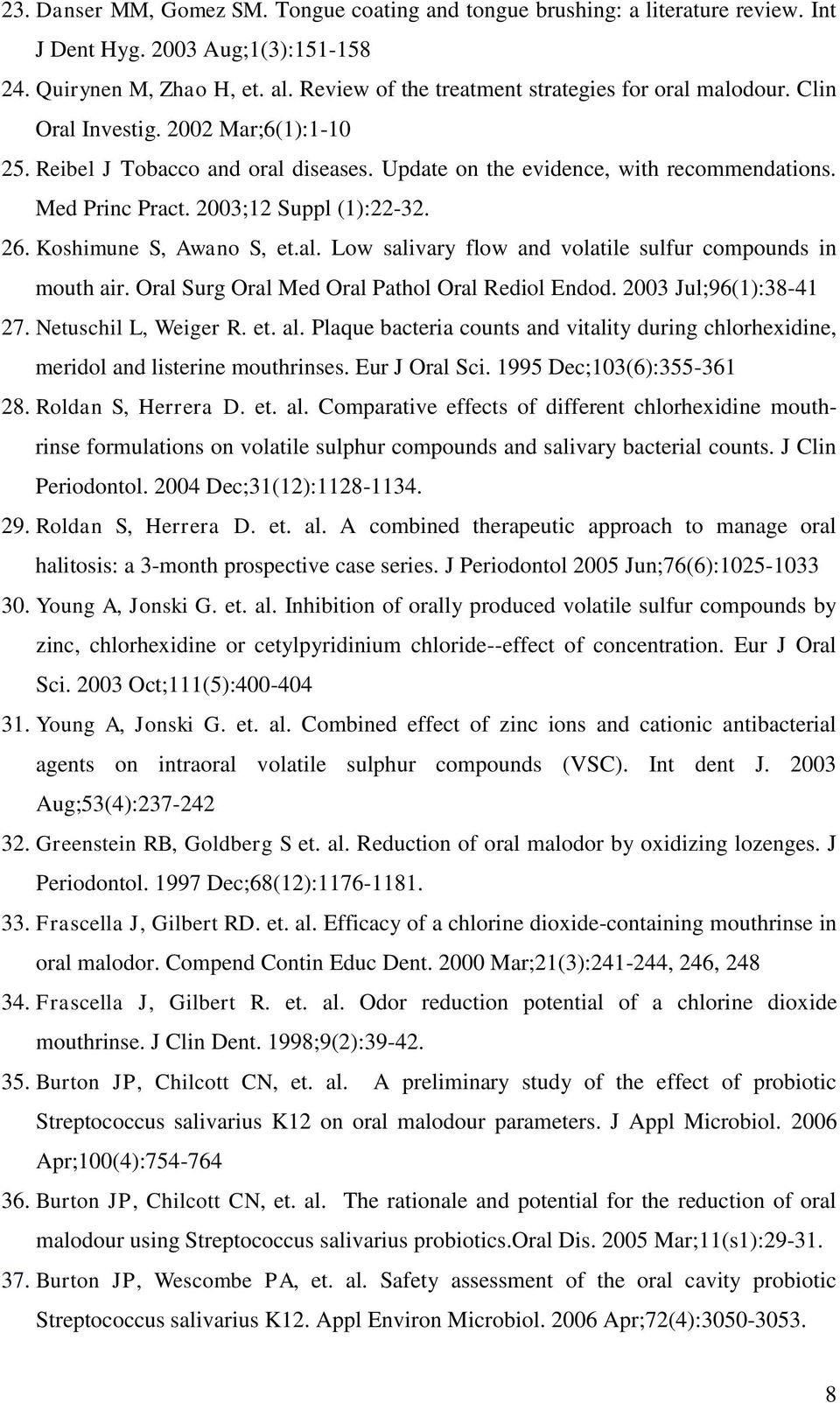 2003;12 Suppl (1):22-32. 26. Koshimune S, Awano S, et.al. Low salivary flow and volatile sulfur compounds in mouth air. Oral Surg Oral Med Oral Pathol Oral Rediol Endod. 2003 Jul;96(1):38-41 27.