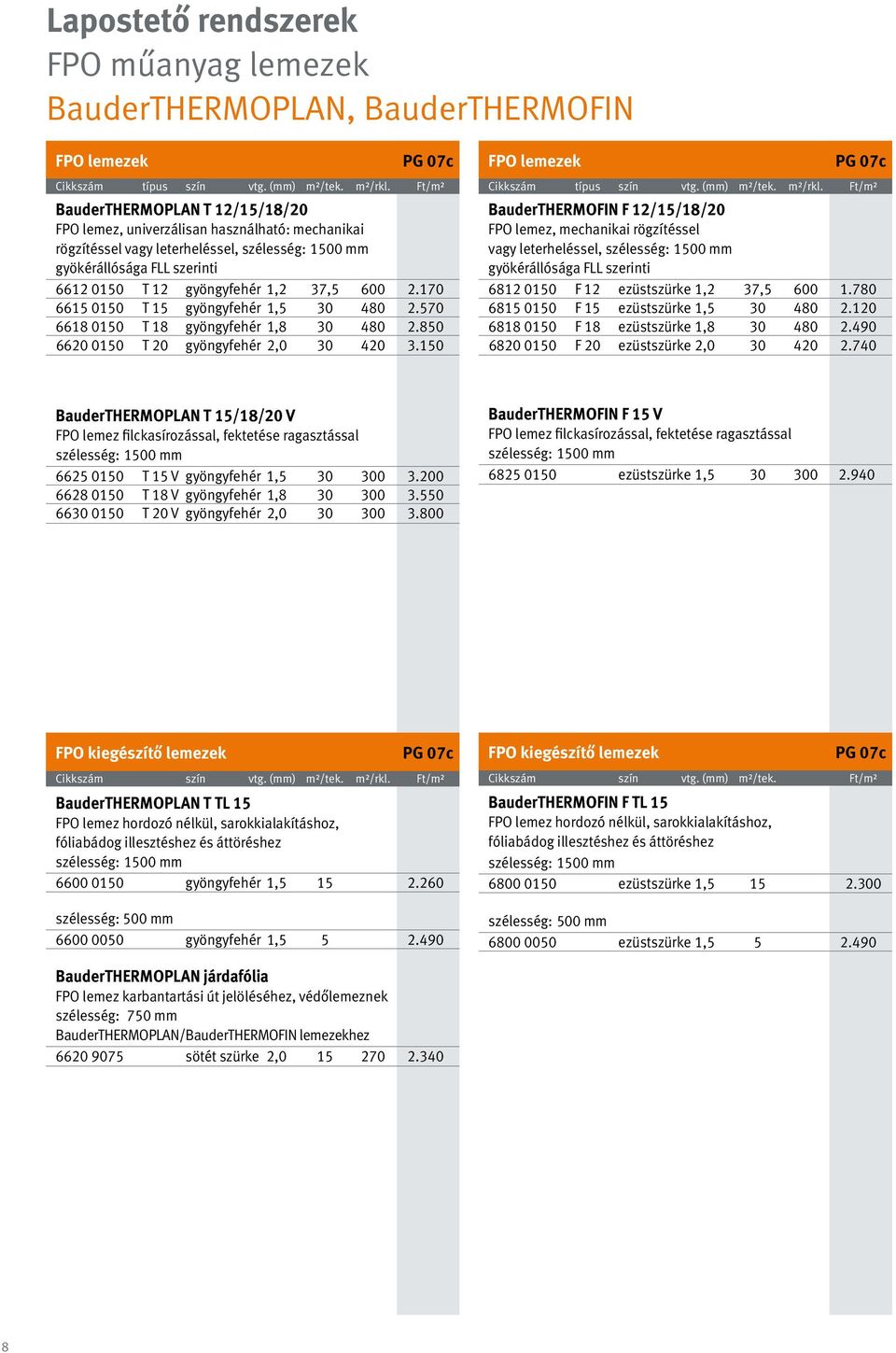 37,5 600 2.170 6615 0150 T 15 gyöngyfehér 1,5 30 480 2.570 6618 0150 T 18 gyöngyfehér 1,8 30 480 2.850 6620 0150 T 20 gyöngyfehér 2,0 30 420 3.150 FPO lemezek PG 07c típus szín vtg. (mm) m²/tek.