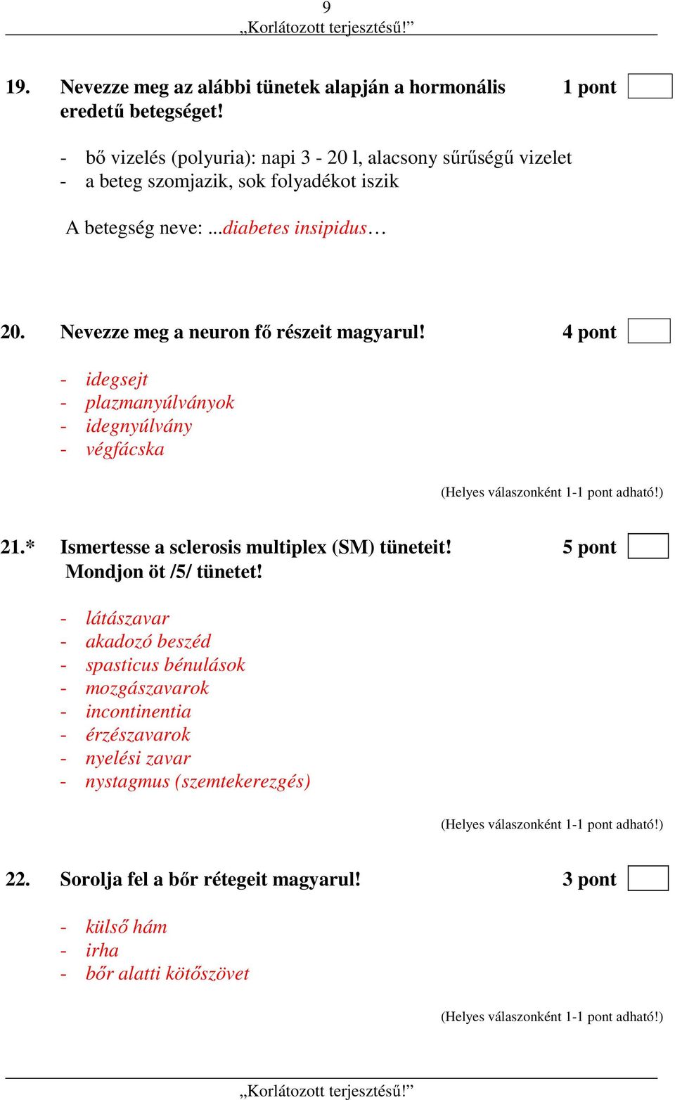 Nevezze meg a neuron fő részeit magyarul! 4 pont - idegsejt - plazmanyúlványok - idegnyúlvány - végfácska 21.* Ismertesse a sclerosis multiplex (SM) tüneteit!