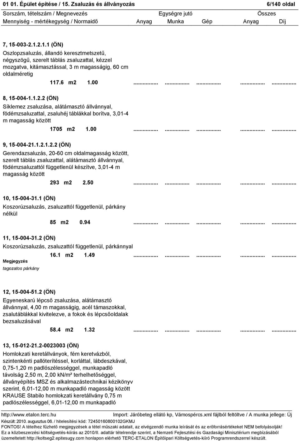 1.2.1.2.2 (ÖN) Gerendazsaluzás, 20-60 cm oldalmagasság között, szerelt táblás zsaluzattal, alátámasztó állvánnyal, födémzsaluzattól függetlenül készítve, 3,01-4 m magasság között 293 m2 2.50.