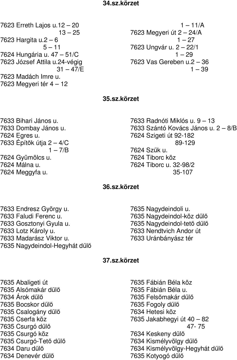 7633 Építk útja 2 4/C 1 7/B 7624 Gyümölcs u. 7624 Málna u. 7624 Meggyfa u. 7633 Radnóti Miklós u. 9 13 7633 Szántó Kovács János u. 2 8/B 7624 Szigeti út 92-182 89-129 7624 Szk u.