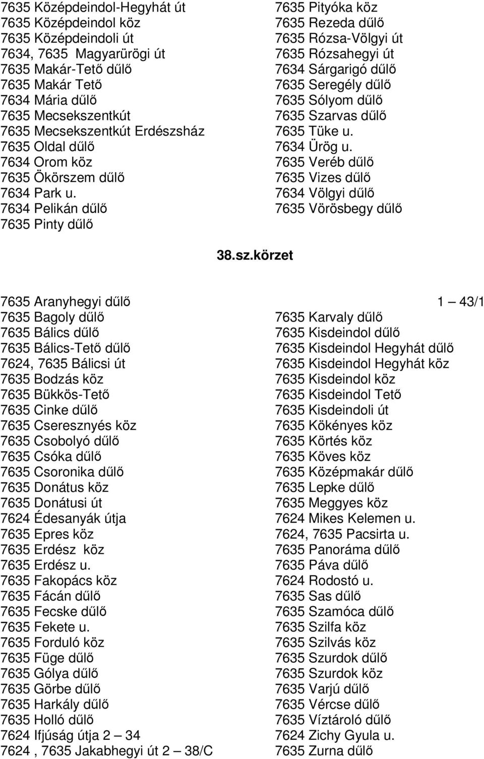 7634 Pelikán dl 7635 Pinty dl 7635 Pityóka köz 7635 Rezeda dl 7635 Rózsa-Völgyi út 7635 Rózsahegyi út 7634 Sárgarigó dl 7635 Seregély dl 7635 Sólyom dl 7635 Szarvas dl 7635 Tüke u. 7634 Ürög u.