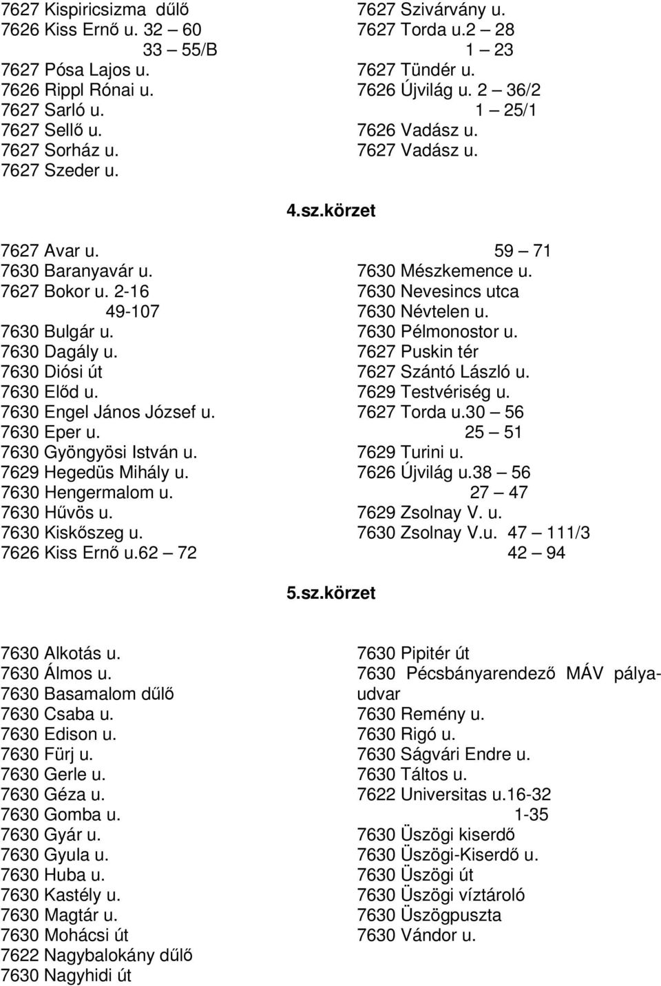 7630 Diósi út 7630 Eld u. 7630 Engel János József u. 7630 Eper u. 7630 Gyöngyösi István u. 7629 Hegedüs Mihály u. 7630 Hengermalom u. 7630 Hvös u. 7630 Kiskszeg u. 7626 Kiss Ern u.