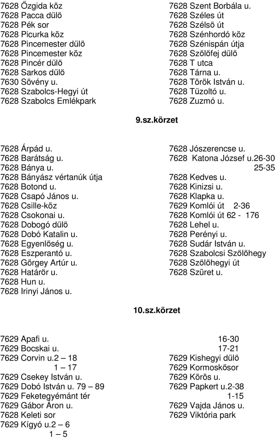 7628 Tzoltó u. 7628 Zuzmó u. 9.sz.körzet 7628 Árpád u. 7628 Barátság u. 7628 Bánya u. 7628 Bányász vértanúk útja 7628 Botond u. 7628 Csapó János u. 7628 Csille-köz 7628 Csokonai u.