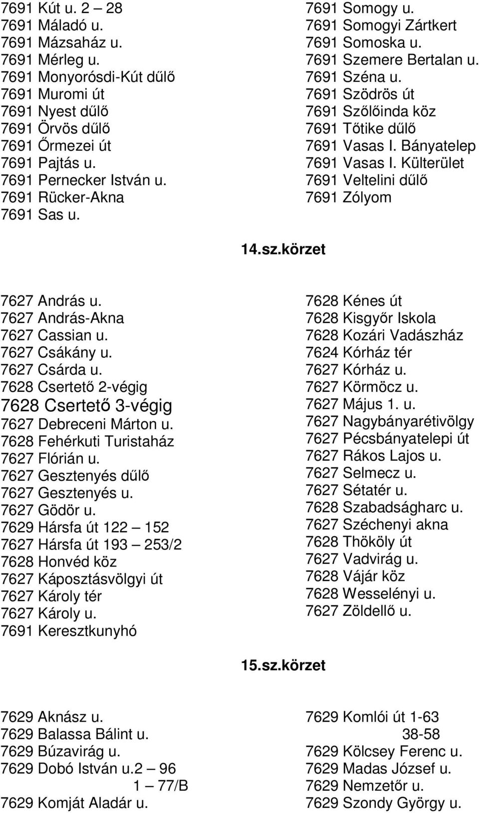 Bányatelep 7691 Vasas I. Külterület 7691 Veltelini dl 7691 Zólyom 14.sz.körzet 7627 András u. 7627 András-Akna 7627 Cassian u. 7627 Csákány u. 7627 Csárda u.