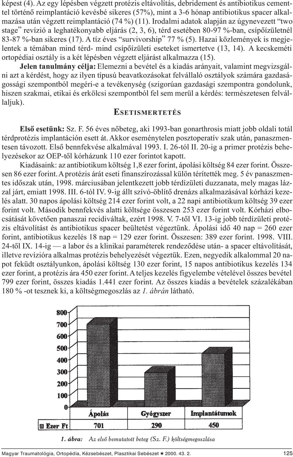 reimplantáció (74 %) (11). Irodalmi adatok alapján az úgynevezett two stage revízió a leghatékonyabb eljárás (2, 3, 6), térd esetében 80-97 %-ban, csípõízületnél 83-87 %-ban sikeres (17).