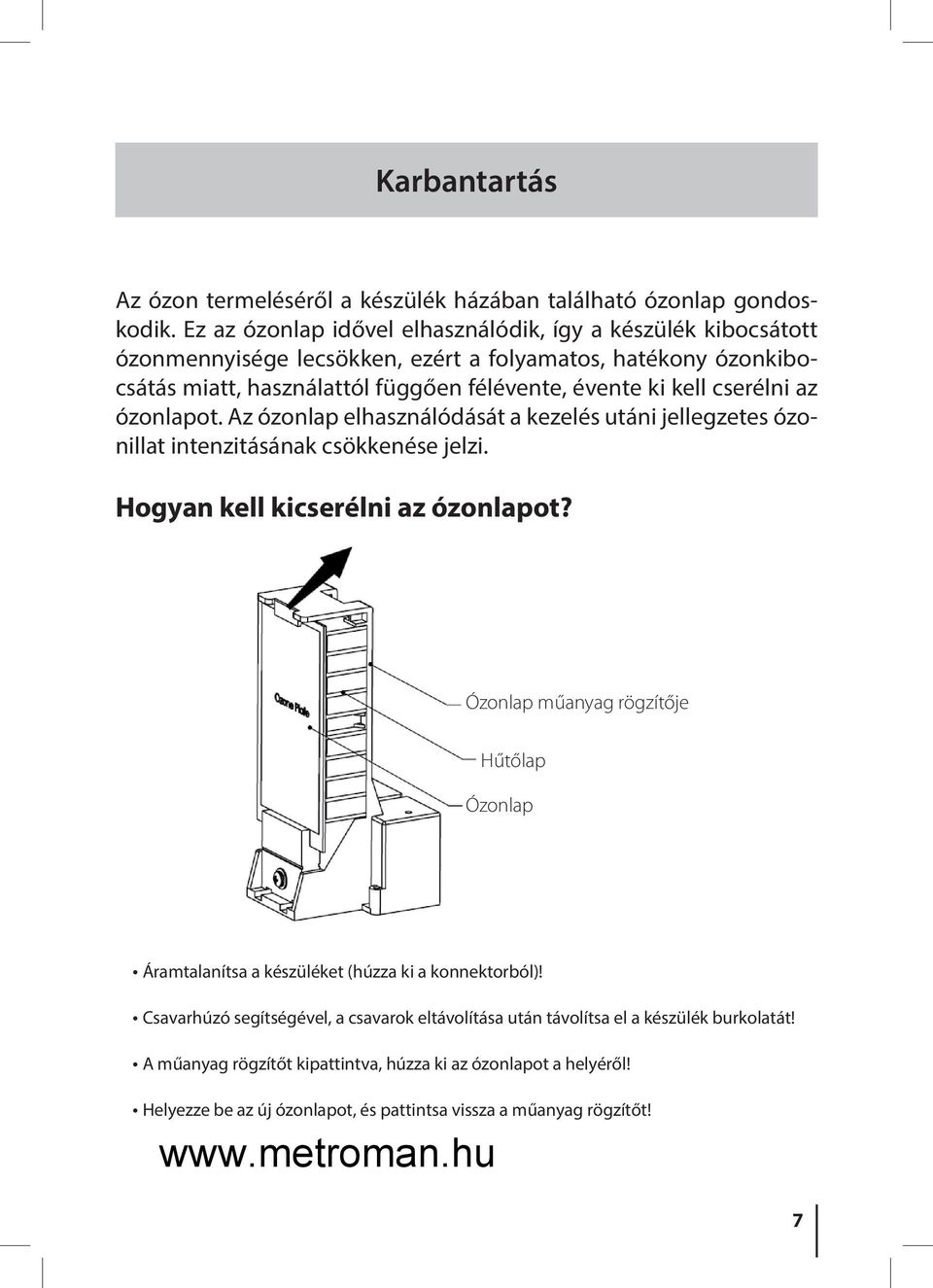 cserélni az ózonlapot. Az ózonlap elhasználódását a kezelés utáni jellegzetes ózonillat intenzitásának csökkenése jelzi. Hogyan kell kicserélni az ózonlapot?