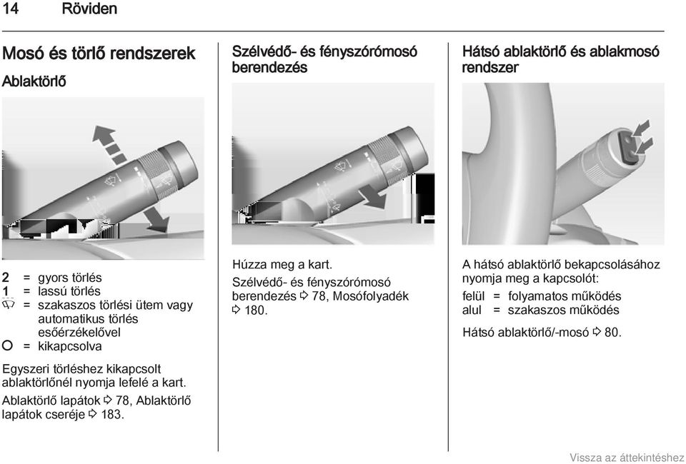 lefelé a kart. Ablaktörlő lapátok 3 78, Ablaktörlő lapátok cseréje 3 183. Húzza meg a kart.