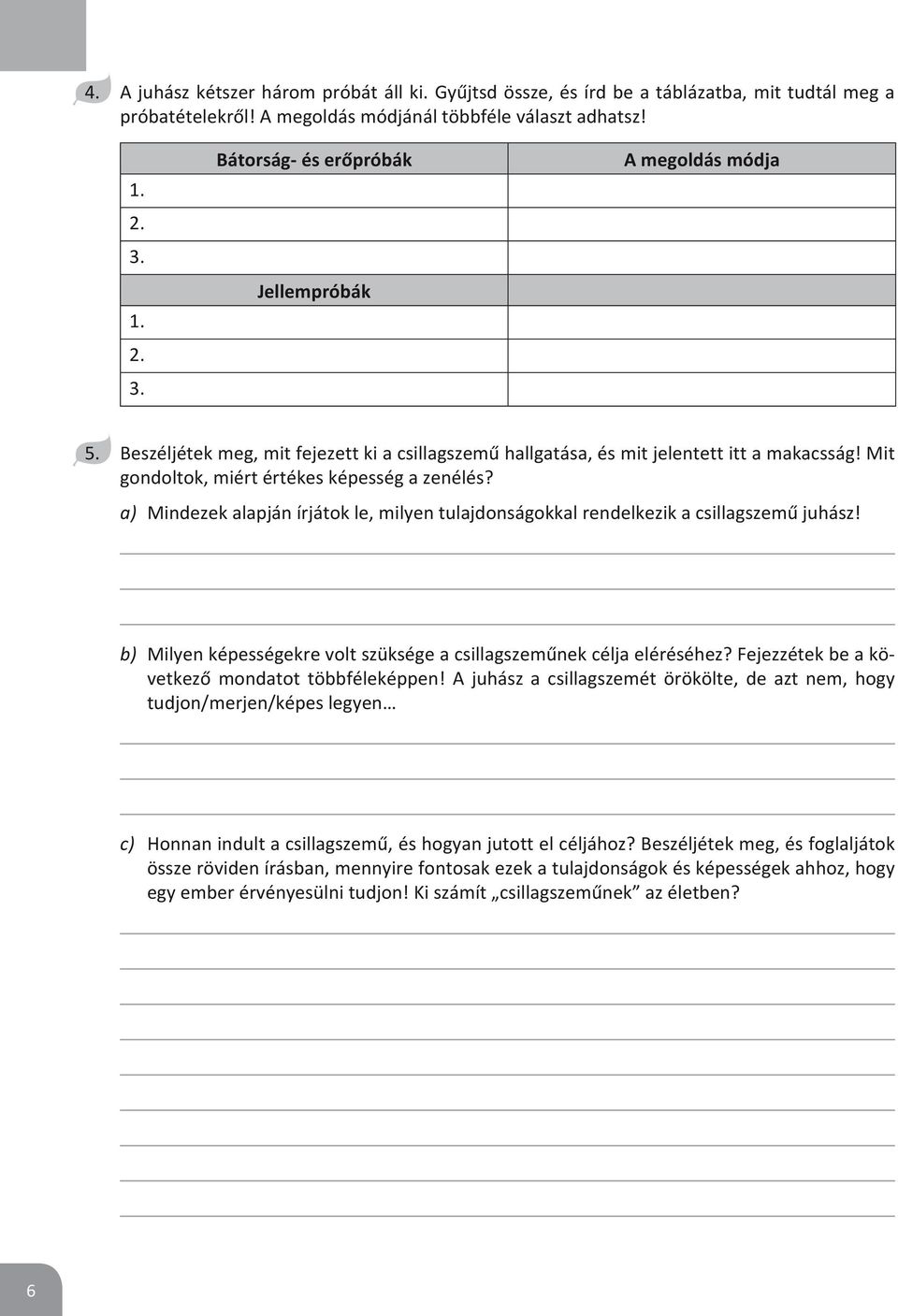 a) Mindezek alapján írjátok le, milyen tulajdonságokkal rendelkezik a csillagszemű juhász! b) Milyen képességekre volt szüksége a csillagszeműnek célja eléréséhez?