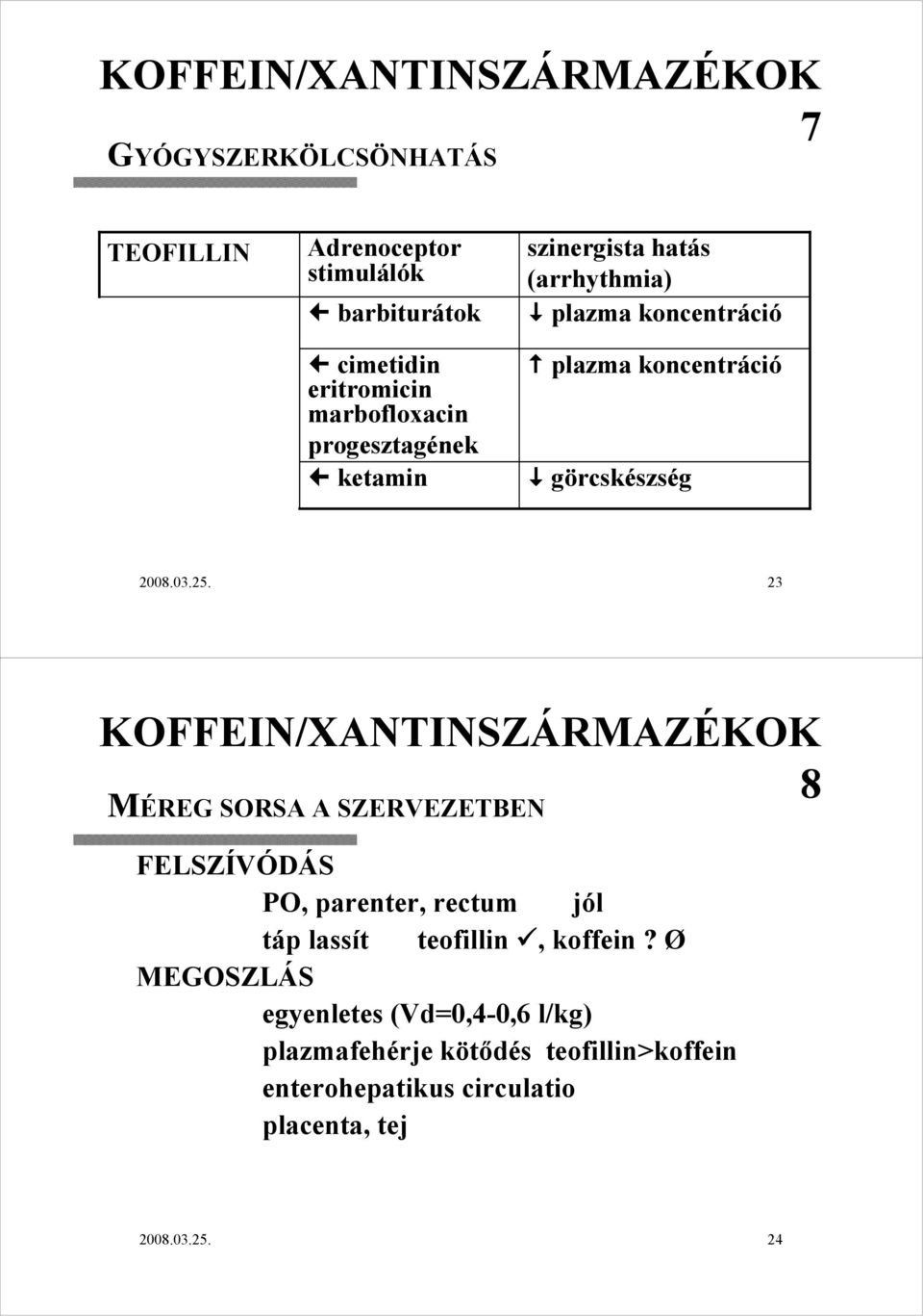 23 KOFFEIN/XANTINSZÁRMAZÉKOK 8 MÉREG SORSA A SZERVEZETBEN FELSZÍVÓDÁS PO, parenter, rectum jól táp p lassít teofillin,, koffein?