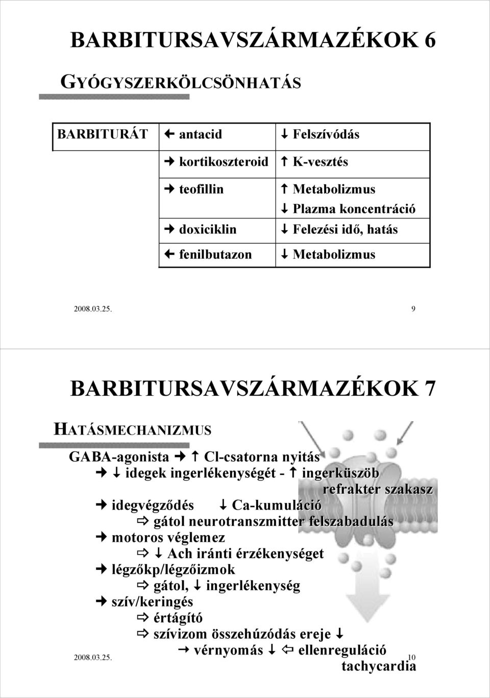 9 BARBITURSAVSZÁRMAZÉKOK 7 HATÁSMECHANIZMUS GABA-agonista Cl-csatorna nyitás idegek ingerlékenys kenységét - ingerküsz szöb refrakter szakasz idegvégz gzıdés