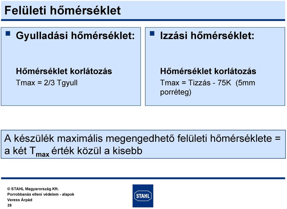 Tmax = Tizzás - 75K (5mm porréteg) A készülék maximális