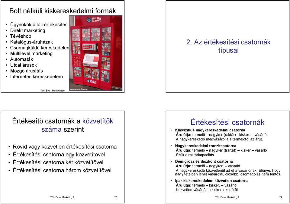 Az értékesítési csatornák típusai 21 Értékesítő csatornák a közvetítők száma szerint Értékesítési csatornák Klasszikus nagykereskedelmi csatorna Áru útja: termelő nagyker (raktár) - kisker.