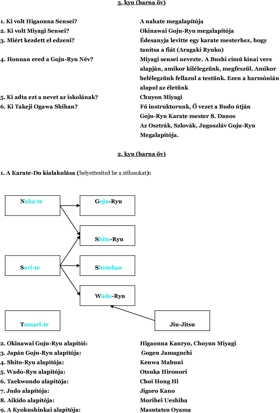 Amikor belélegzünk fellazul a testünk. Ezen a harmónián alapul az életünk 5. Ki adta ezt a nevet az iskolának? Chuyon Miyagi 6. Ki Takeji Ogawa Shihan?