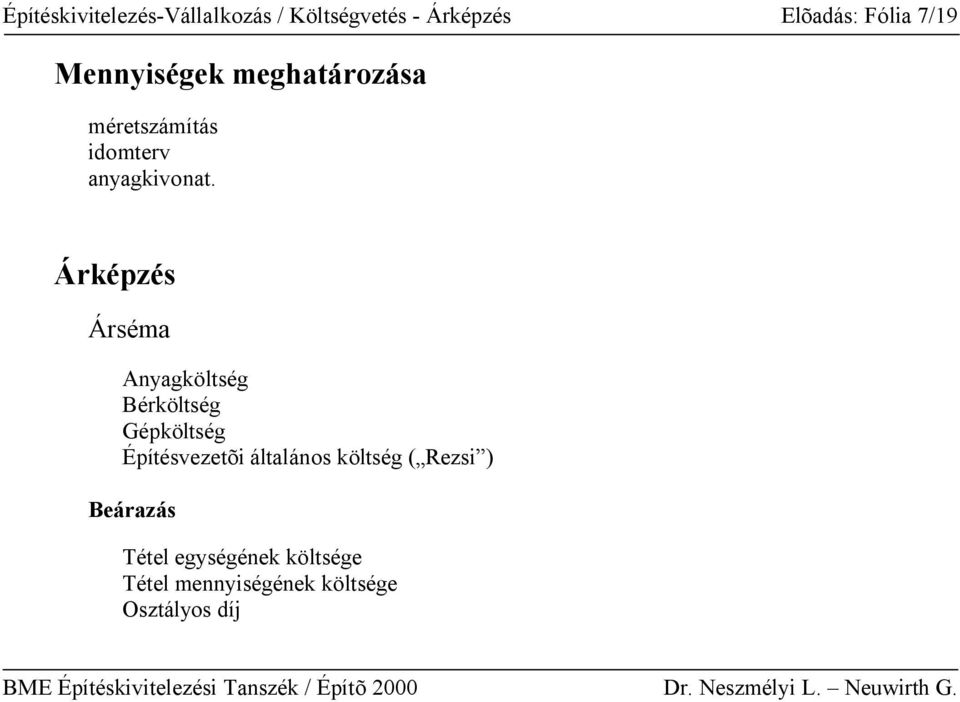 Árképzés Árséma Anyagköltség Bérköltség Gépköltség Építésvezetõi általános