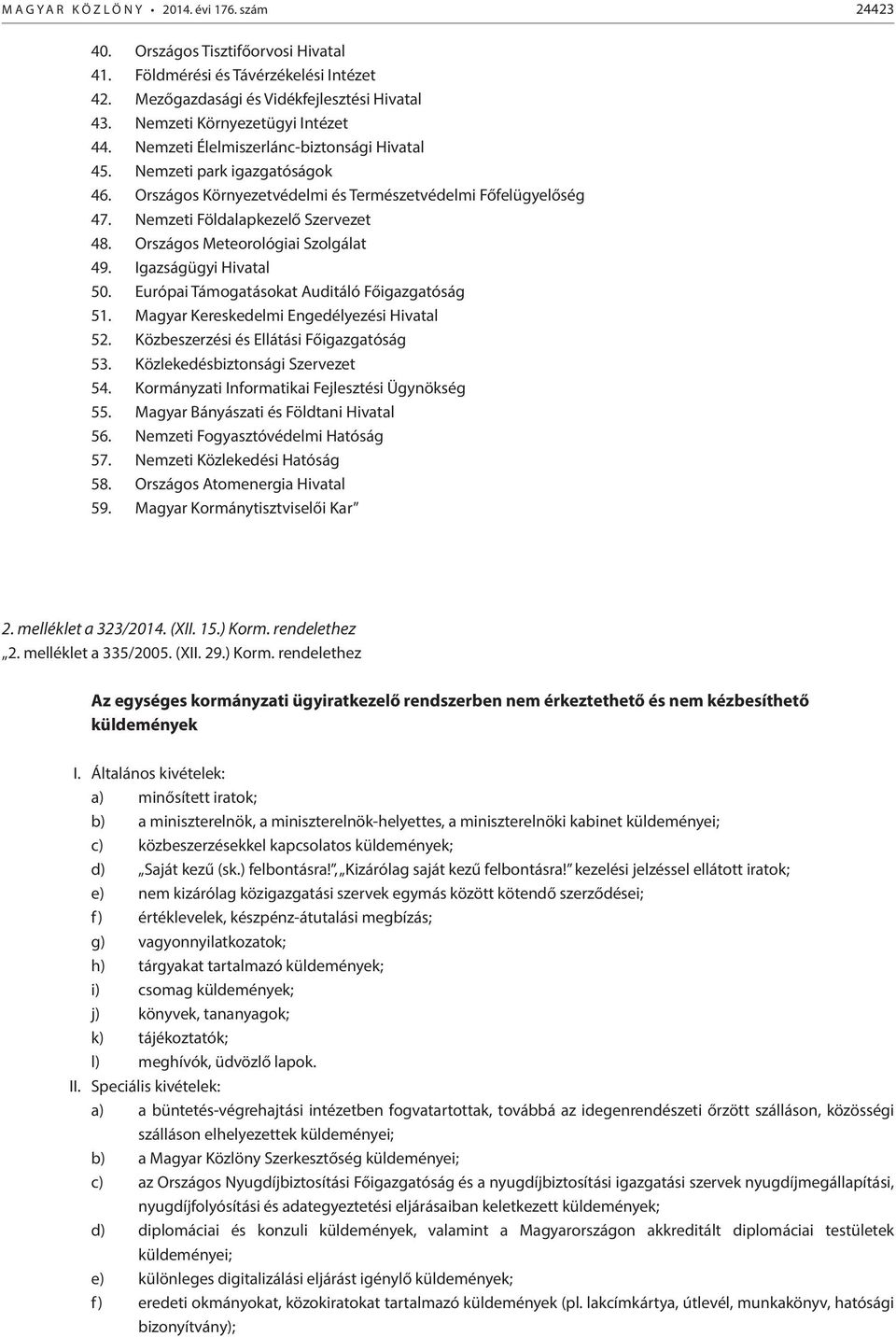 Nemzeti Földalapkezelő Szervezet 48. Országos Meteorológiai Szolgálat 49. Igazságügyi Hivatal 50. Európai Támogatásokat Auditáló Főigazgatóság 51. Magyar Kereskedelmi Engedélyezési Hivatal 52.