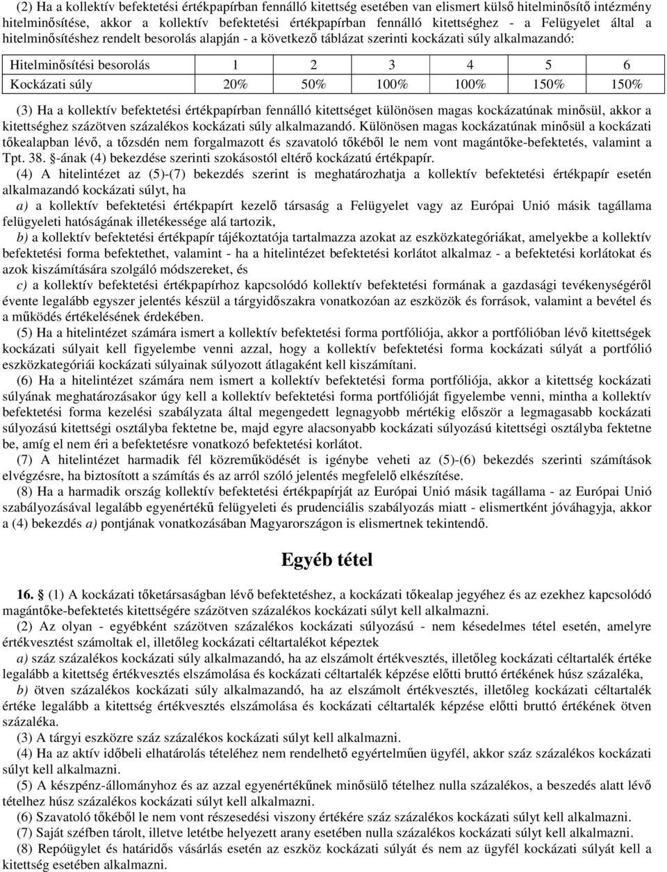 150% 150% (3) Ha a kollektív befektetési értékpapírban fennálló kitettséget különösen magas kockázatúnak minősül, akkor a kitettséghez százötven százalékos kockázati súly alkalmazandó.