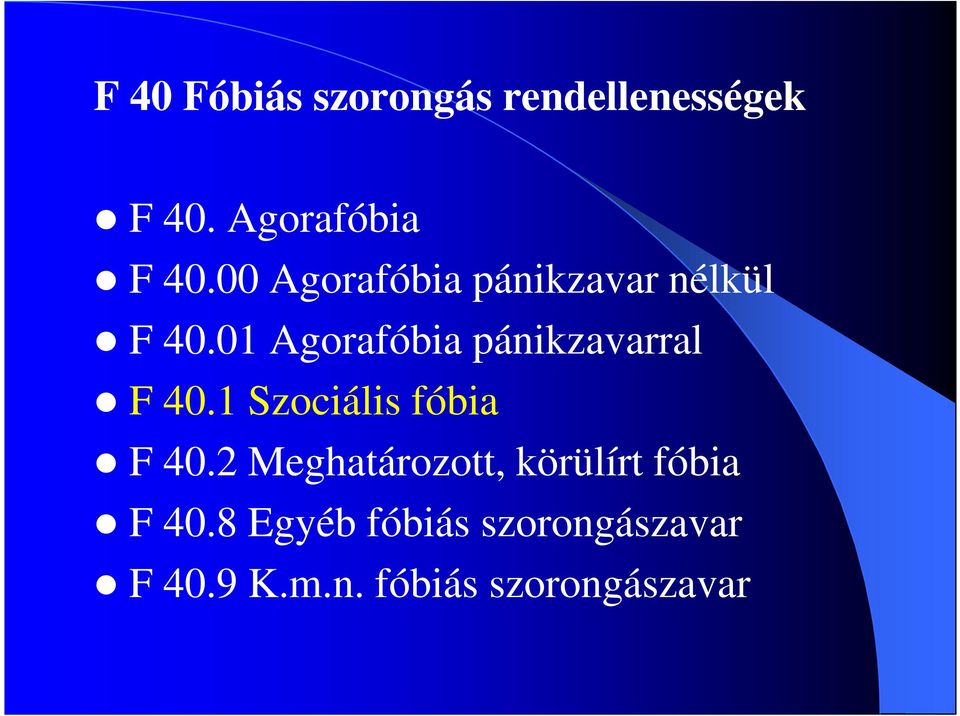 01 Agorafóbia pánikzavarral F 40.1 Szociális fóbia F 40.