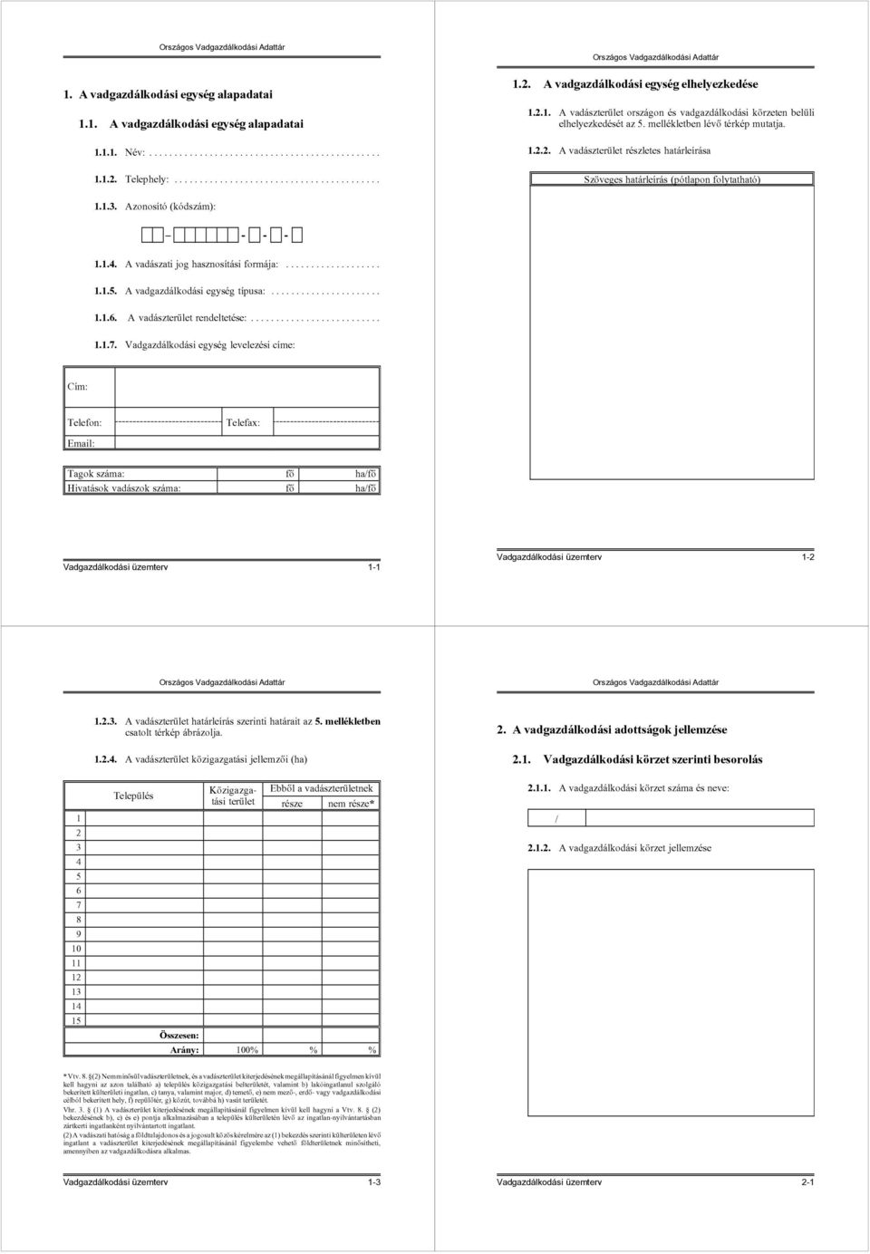 Avadászati jog hasznosítási formája:... 1.1.5. Avadgazdálkodási egység típusa:... 1.1.6. A vadászterület rendeltetése:... 1.1.7.