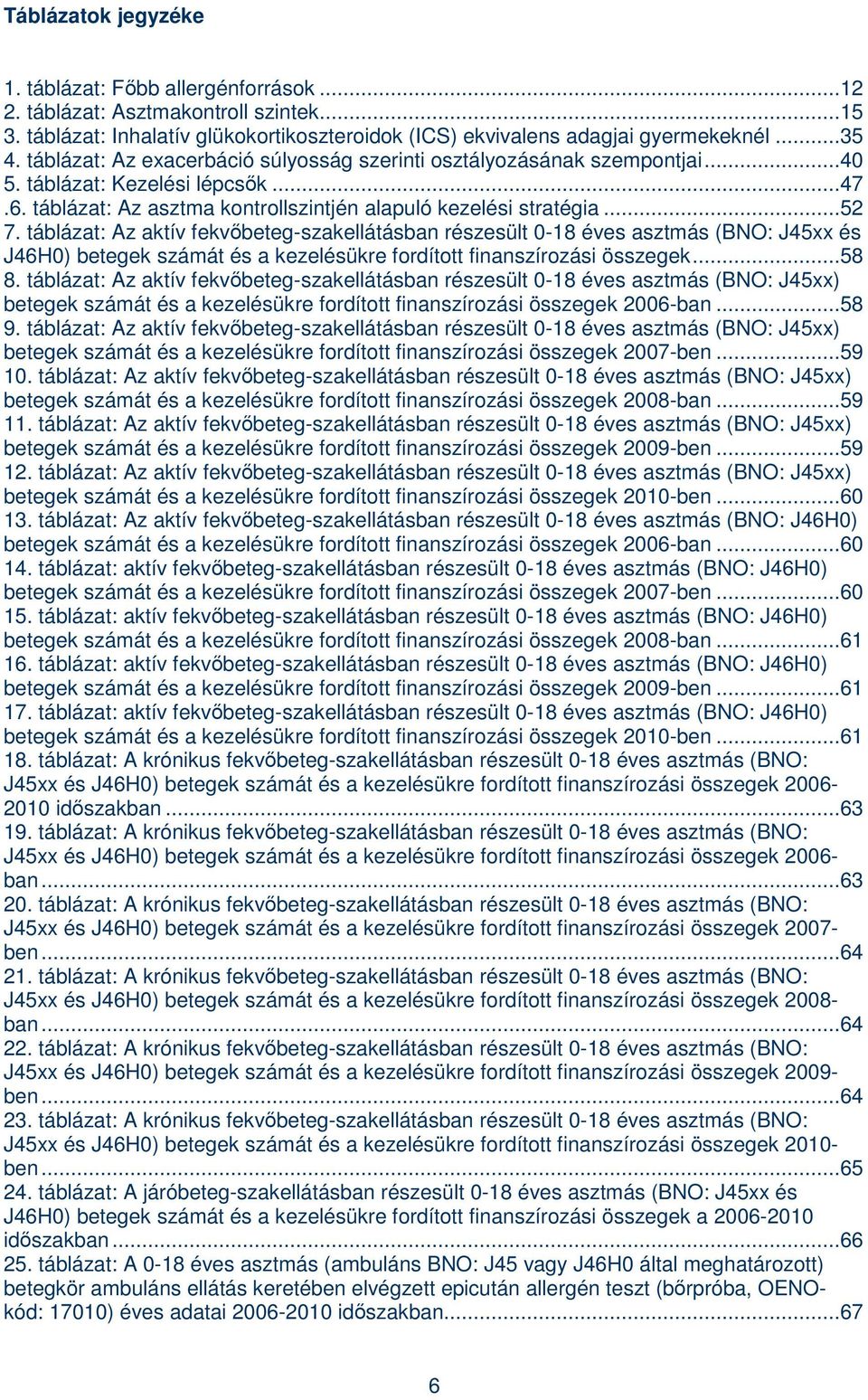 táblázat: Az aktív fekvıbeteg-szakellátásban részesült 0-18 éves asztmás (BNO: J45xx és J46H0) betegek számát és a kezelésükre fordított finanszírozási összegek...58 8.