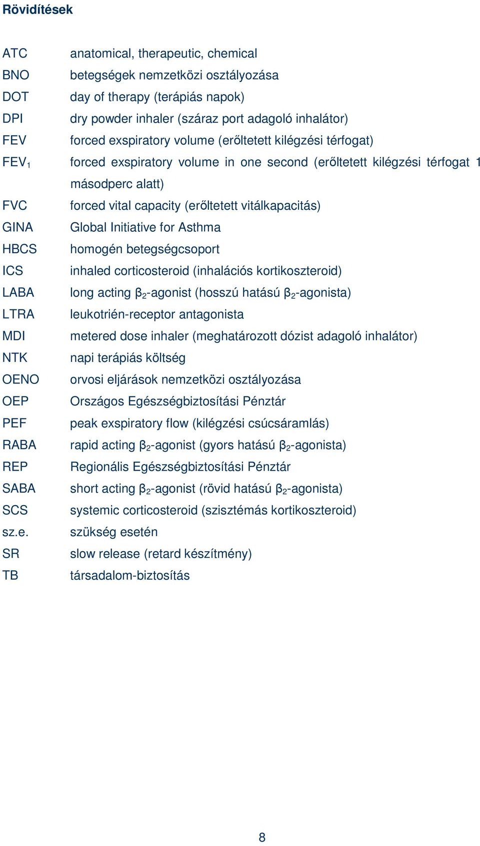 vitálkapacitás) GINA Global Initiative for Asthma HBCS homogén betegségcsoport ICS inhaled corticosteroid (inhalációs kortikoszteroid) LABA long acting β 2 -agonist (hosszú hatású β 2 -agonista) LTRA