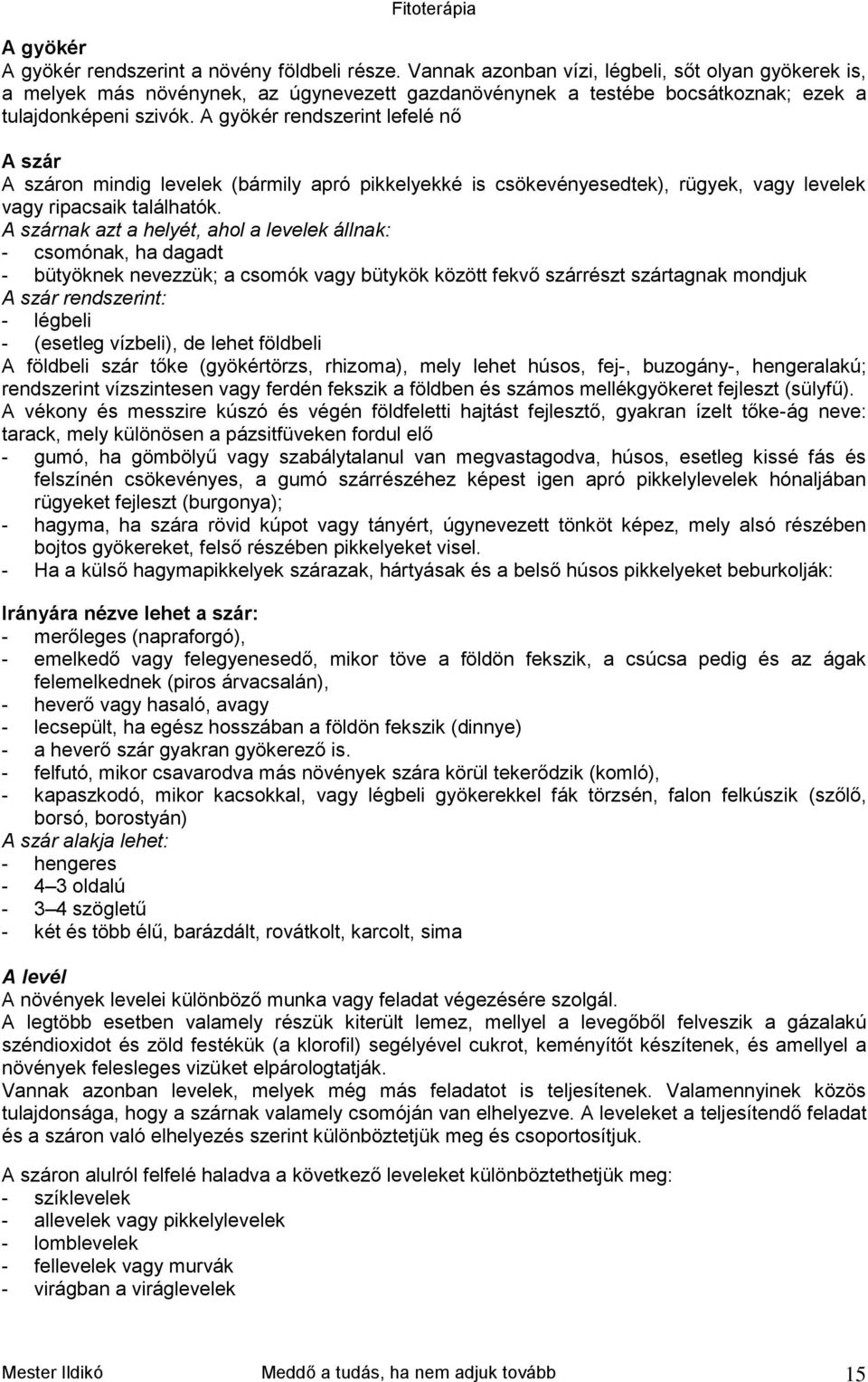 A gyökér rendszerint lefelé nő A szár A száron mindig levelek (bármily apró pikkelyekké is csökevényesedtek), rügyek, vagy levelek vagy ripacsaik találhatók.