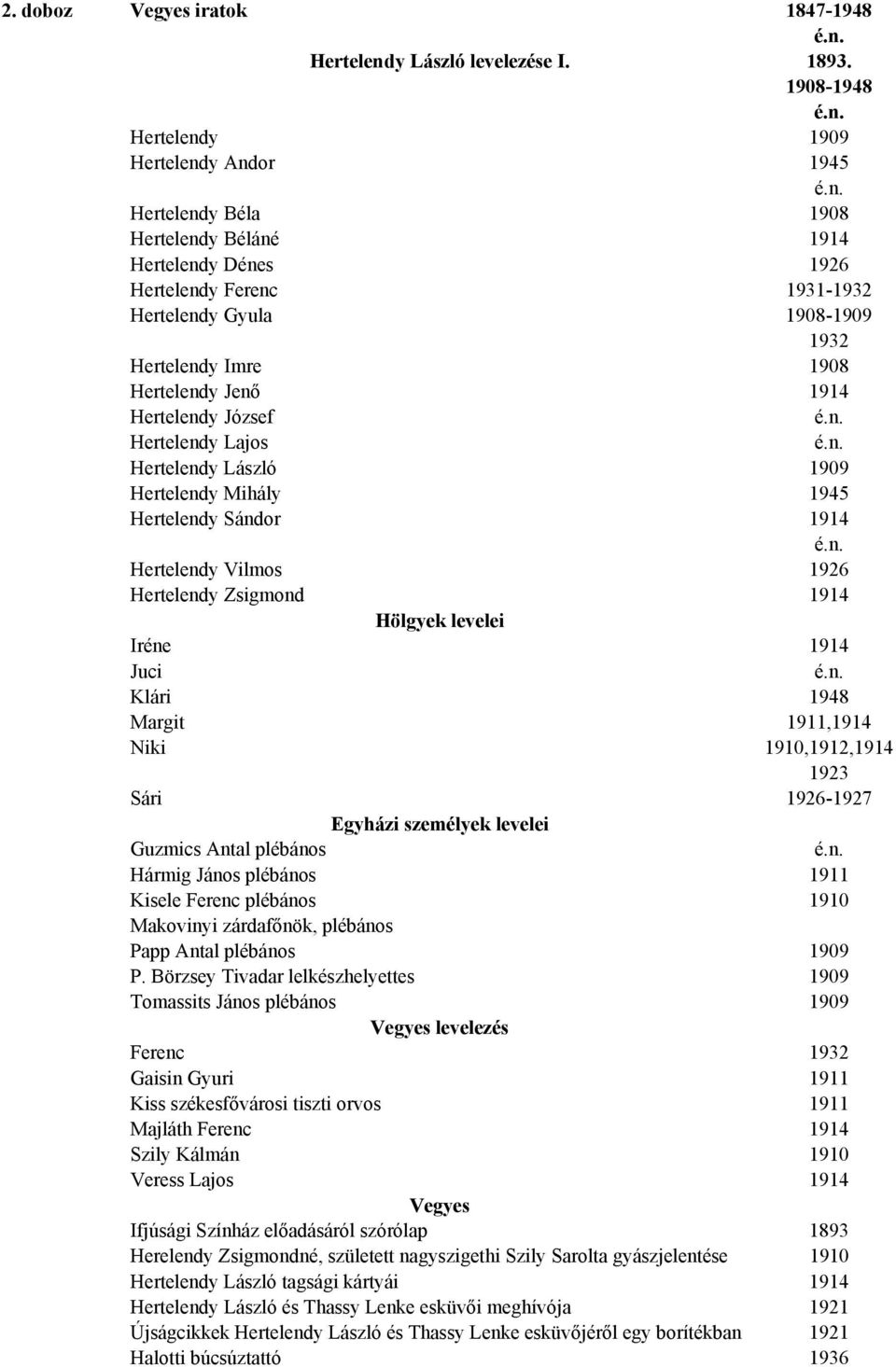 Hertelendy Jenő 1914 Hertelendy József Hertelendy Lajos Hertelendy László 1909 Hertelendy Mihály 1945 Hertelendy Sándor 1914 Hertelendy Vilmos 1926 Hertelendy Zsigmond 1914 Hölgyek levelei Iréne 1914