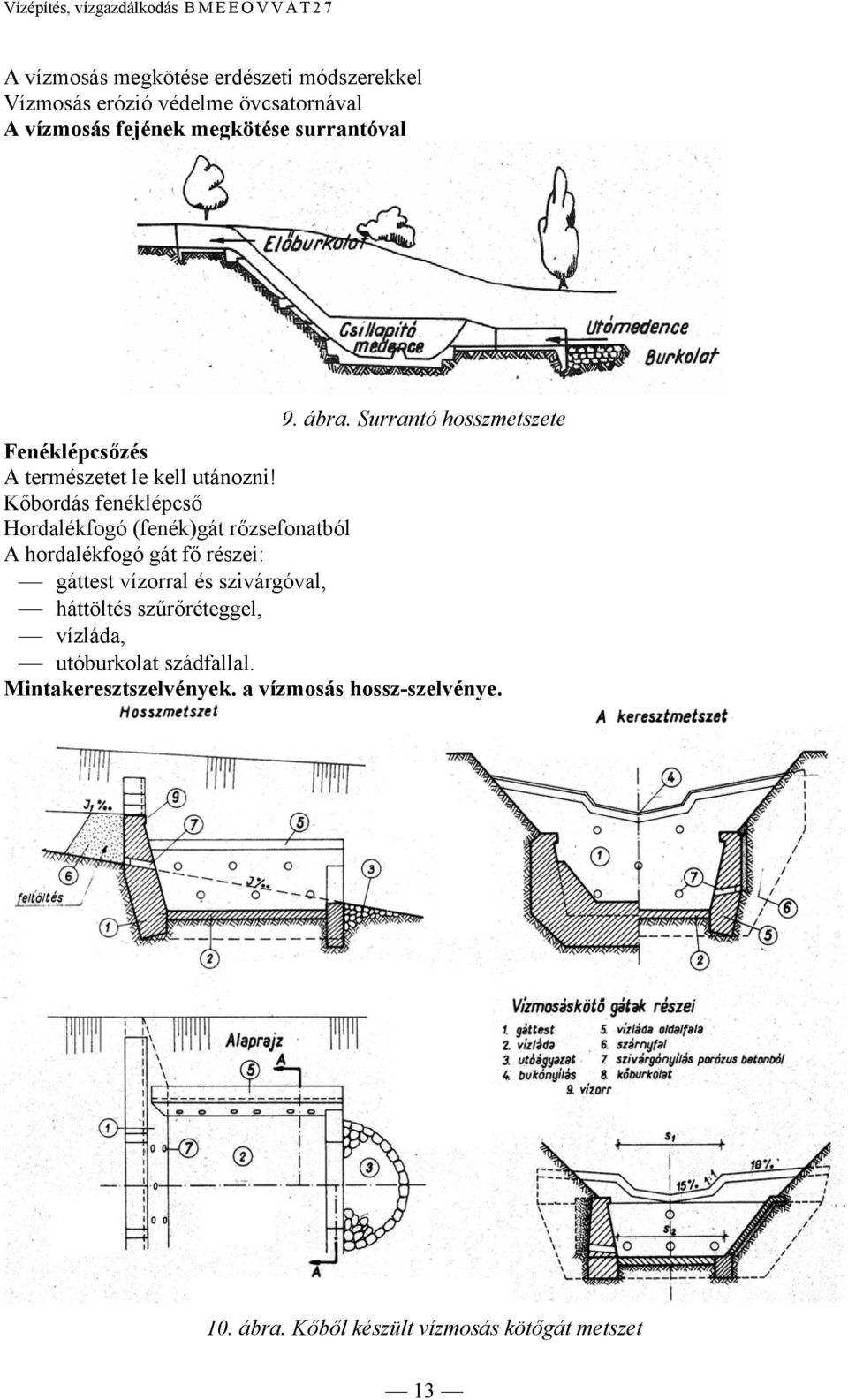 Kőbordás fenéklépcső Hordalékfogó (fenék)gát rőzsefonatból A hordalékfogó gát fő részei: gáttest vízorral és szivárgóval,