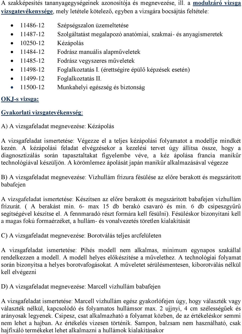 anyagismeretek 10250-12 Kézápolás 11484-12 Fodrász manuális alapműveletek 11485-12 Fodrász vegyszeres műveletek 11498-12 Foglalkoztatás I.