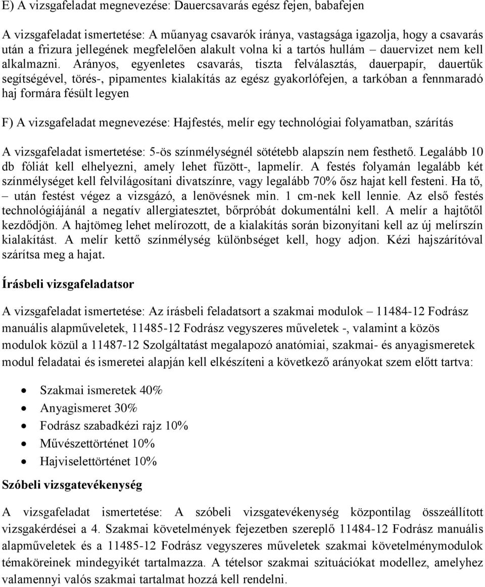 Arányos, egyenletes csavarás, tiszta felválasztás, dauerpapír, dauertűk segítségével, törés-, pipamentes kialakítás az egész gyakorlófejen, a tarkóban a fennmaradó haj formára fésült legyen F) A