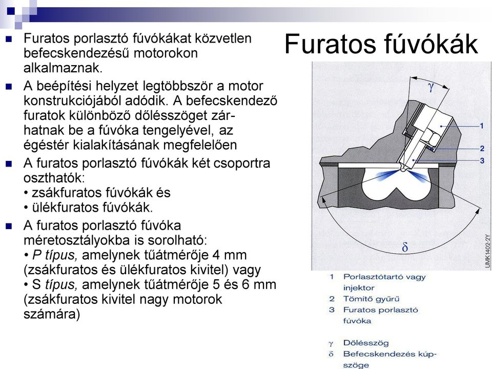 két csoportra oszthatók: zsákfuratos fúvókák és ülékfuratos fúvókák.