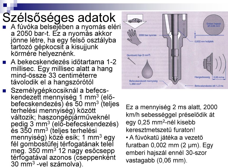 Egy millisec alatt a hang mind-össze 33 centiméterre távolodik el a hangszórótól Személygépkocsiknál a befecskendezett mennyiség 1 mm 3 (előbefecskendezés) és 50 mm 3 (teljes terhelési mennyiség)