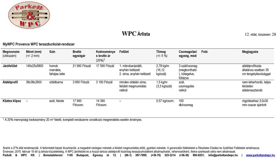 bruttó ár (20%) 1 Felület 21 990 Ft/szál 17 590 Ft/szál 1. mikrobarázdált, enyhén kefézett 2.