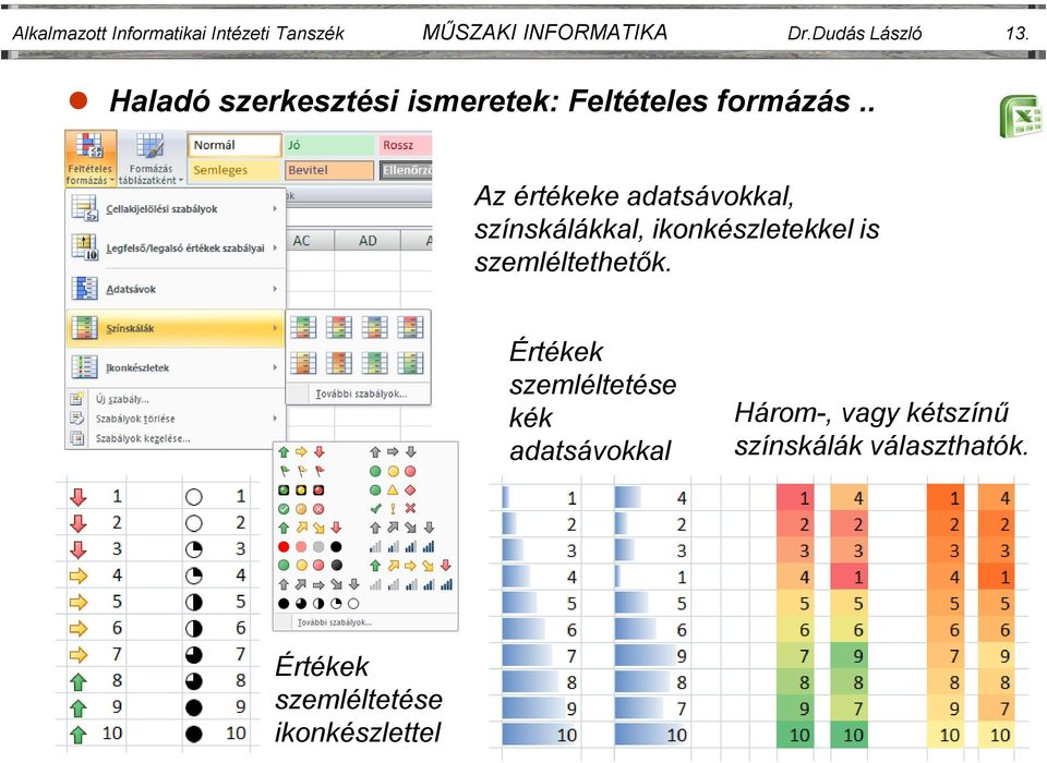 . Az értékeke adatsávokkal, színskálákkal, ikonkészletekkel is szemléltethetők.