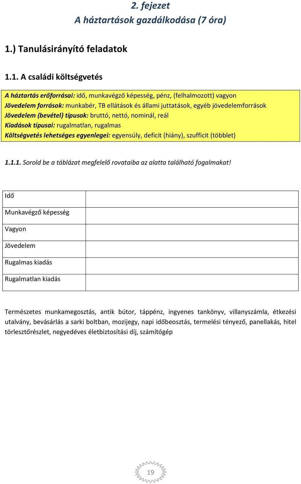 1. A családi költségvetés A háztartás erőforrásai: idő, munkavégző képesség, pénz, (felhalmozott) vagyon Jövedelem források: munkabér, TB ellátások és állami juttatások, egyéb jövedelemforrások