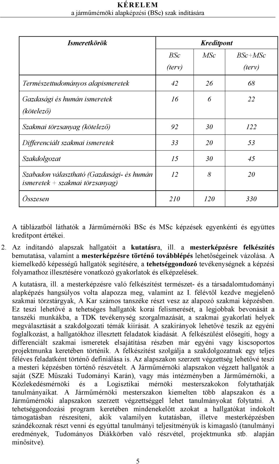 MSc képzések egyenkénti és együttes kreditpont értékei. 2. Az indítandó alapszak hallgatóit a kutatásra, ill.